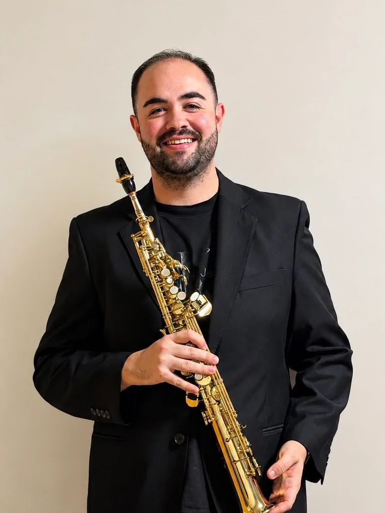 Retrato de Raúl Marqués de la Torre con saxofón soprano